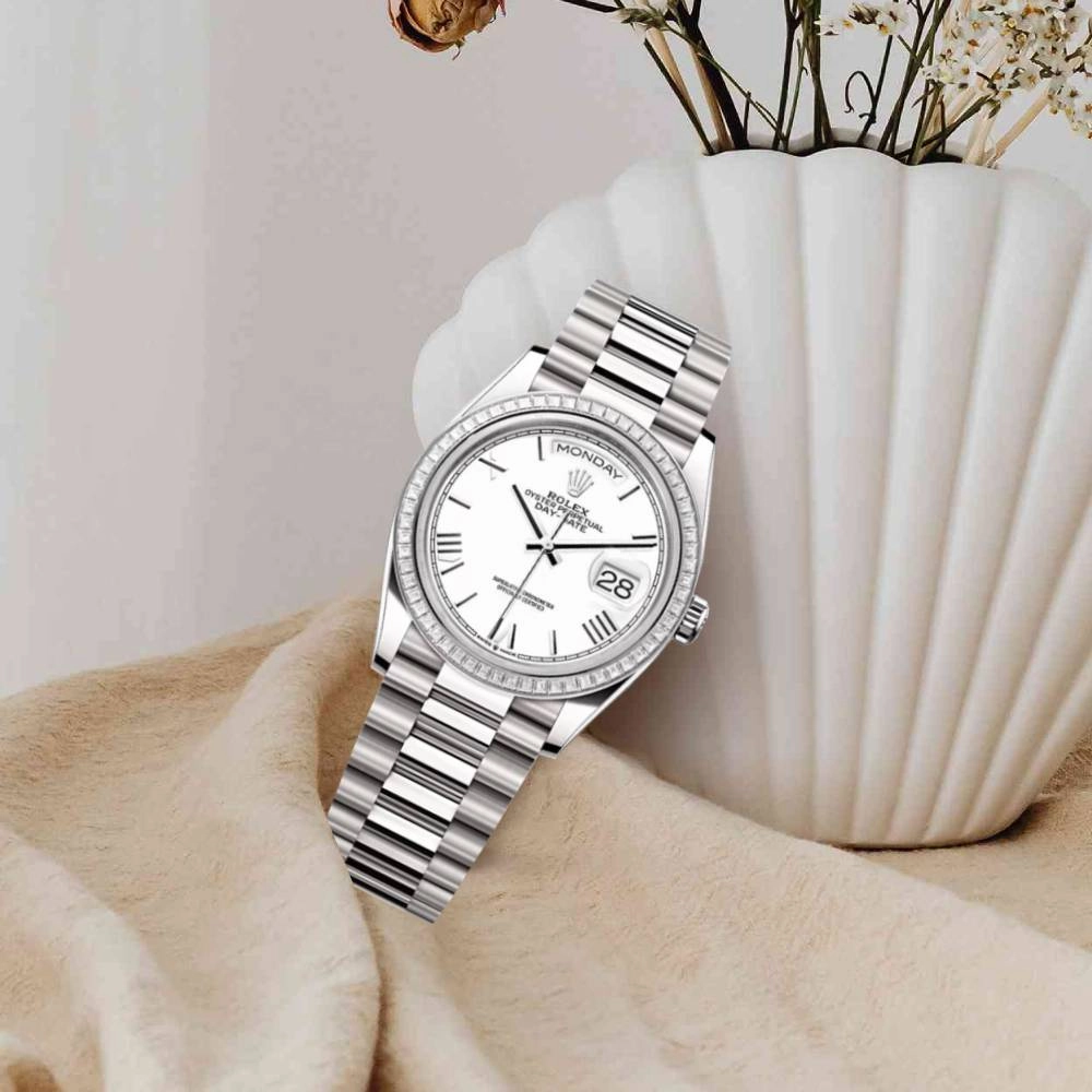 2024 Release Rolex Day-Date 36 mm | 18k white gold President bracelet | White dial Diamond bezel | Men's Watch 128399TBR