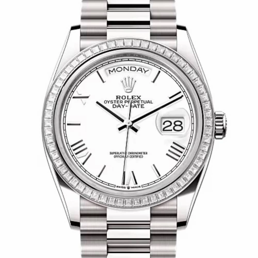 2024 Release Rolex Day-Date 36 mm | 18k white gold President bracelet | White dial Diamond bezel | Men's Watch 128399TBR