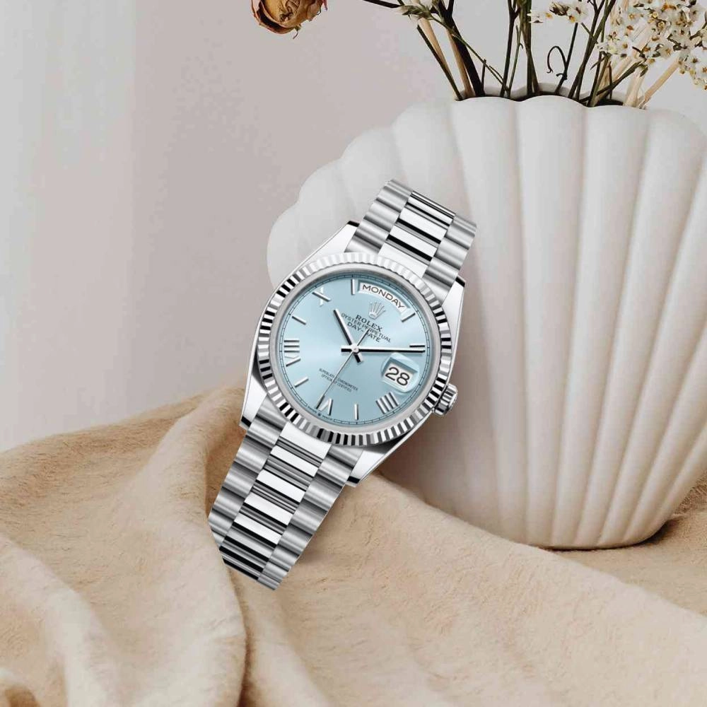 2024 Release Rolex Day-Date 36 mm | Platinum President bracelet | Ice blue dial Fluted bezel | Men's Watch 128236