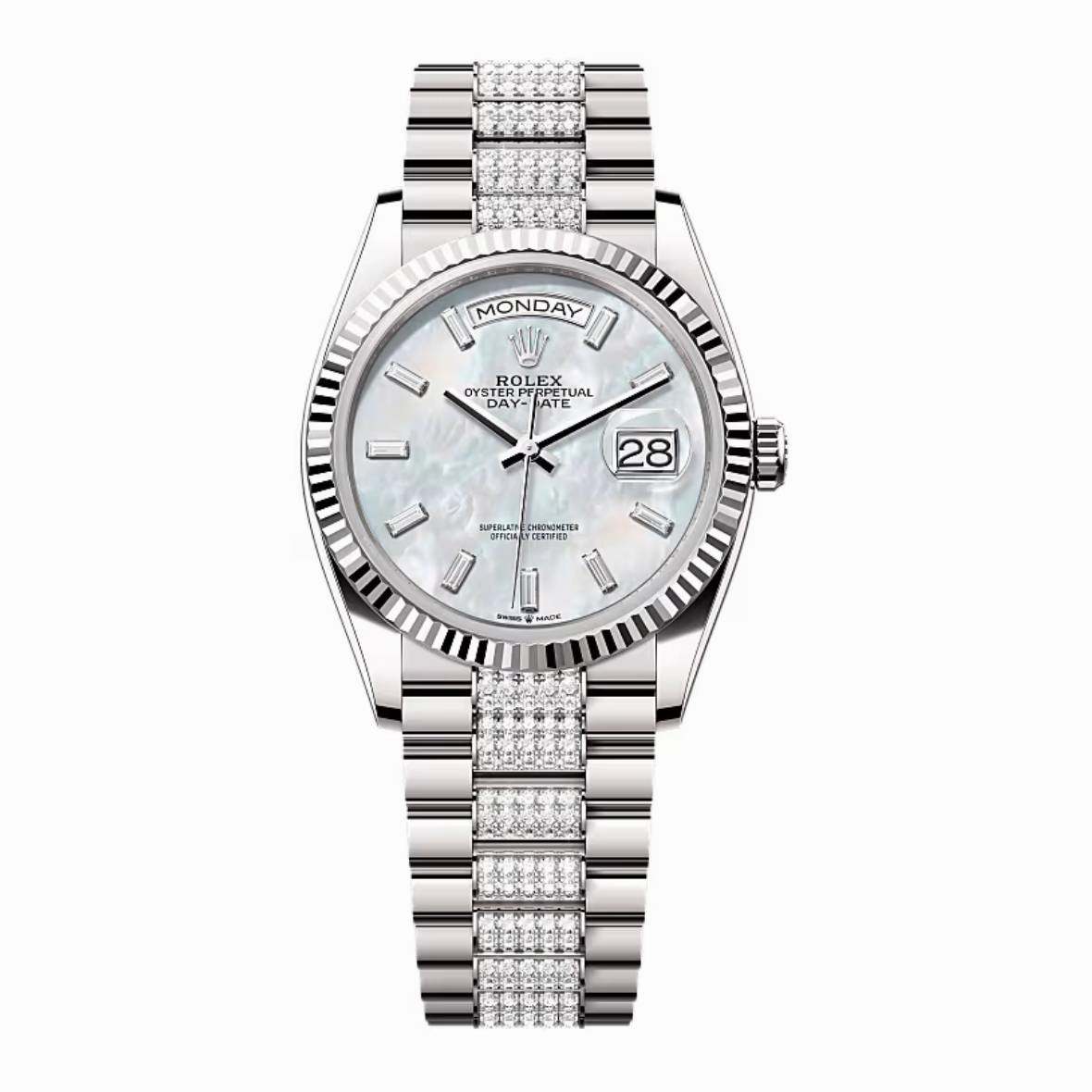 2024 Release Rolex Day Date 36mm - Ref: 128239-0066 - white mother of pearl Diamond & Diamond Bezel, 18k White Gold Presidential Bracelet Watch