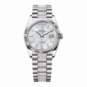 2024 Release Rolex Day Date 36mm - Ref: 128239-0066 - white mother of pearl Diamond & Diamond Bezel, 18k White Gold Presidential Bracelet Watch