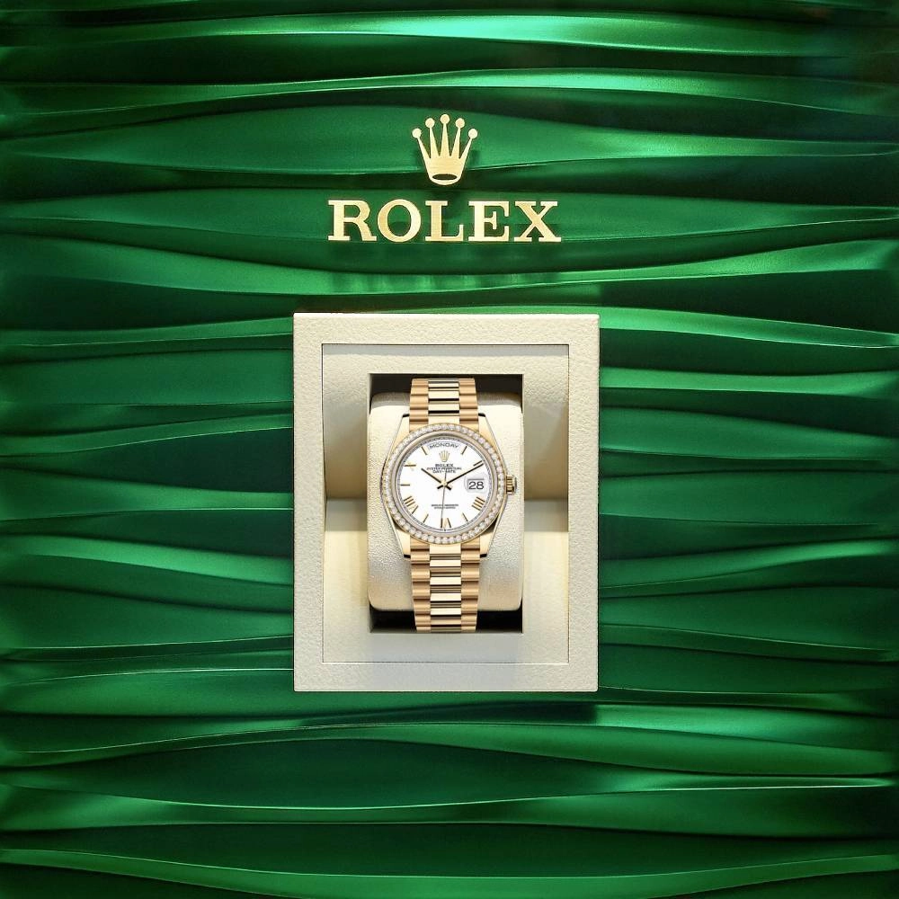 2024 Release Rolex Day-Date 36mm - Ref: 128348rbr-0064 - White Roman Dial & Diamond Bezel, 18K Yellow Gold Presidential Bracelet Watch