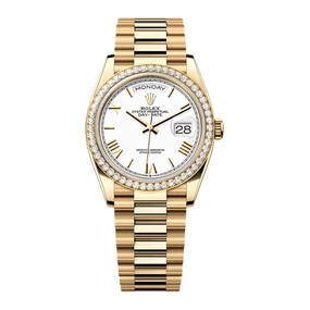 2024 Release Rolex Day-Date 36mm - Ref: 128348rbr-0064 - White Roman Dial & Diamond Bezel, 18K Yellow Gold Presidential Bracelet Watch