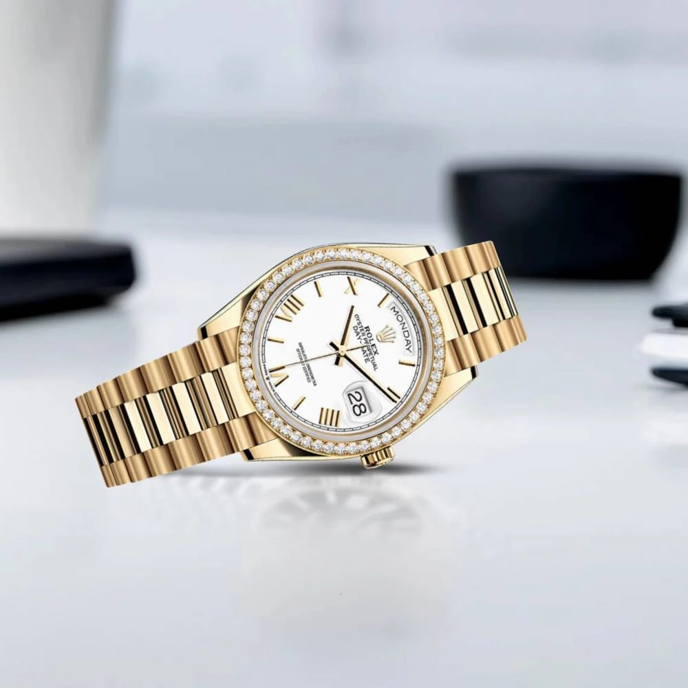 2024 Release Rolex Day-Date 36mm - Ref: 128348rbr-0064 - White Roman Dial & Diamond Bezel, 18K Yellow Gold Presidential Bracelet Watch