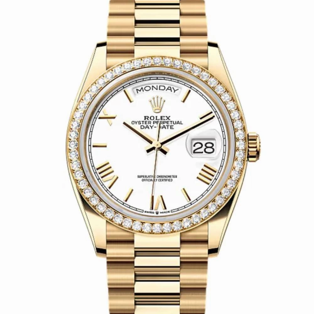 2024 Release Rolex Day-Date 36mm - Ref: 128348rbr-0064 - White Roman Dial & Diamond Bezel, 18K Yellow Gold Presidential Bracelet Watch