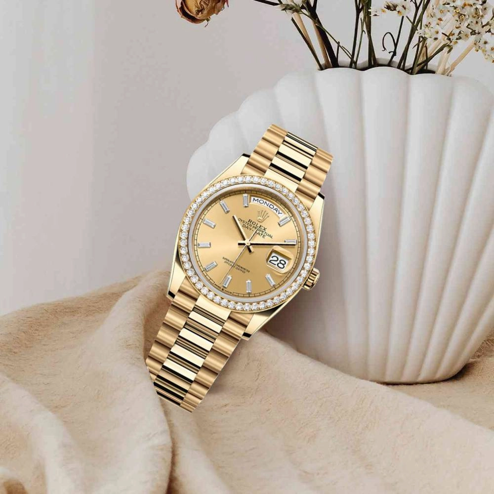 2024 Release Rolex Day-Date 36mm - Ref: 128348rbr-0080 - Champagne Diamond Dial & Diamond Bezel, 18K Yellow Gold Diamond Presidential Bracelet Watch