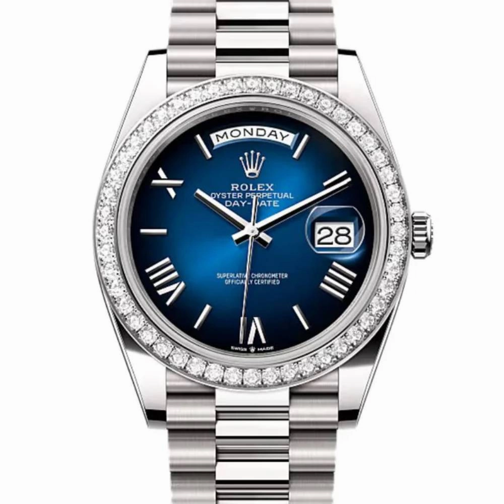 2024 Release Rolex Day-Date 40 mm | 18k white gold President bracelet | Blue ombr dial Diamond bezel | Men's Watch 228349RBR