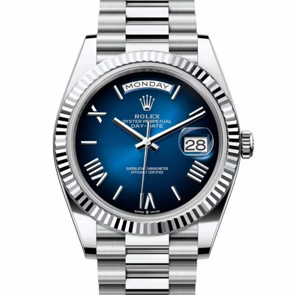 2024 Release Rolex Day-Date 40 mm | 18k white gold President bracelet | Blue ombr dial Fluted bezel | Men's Watch 228239