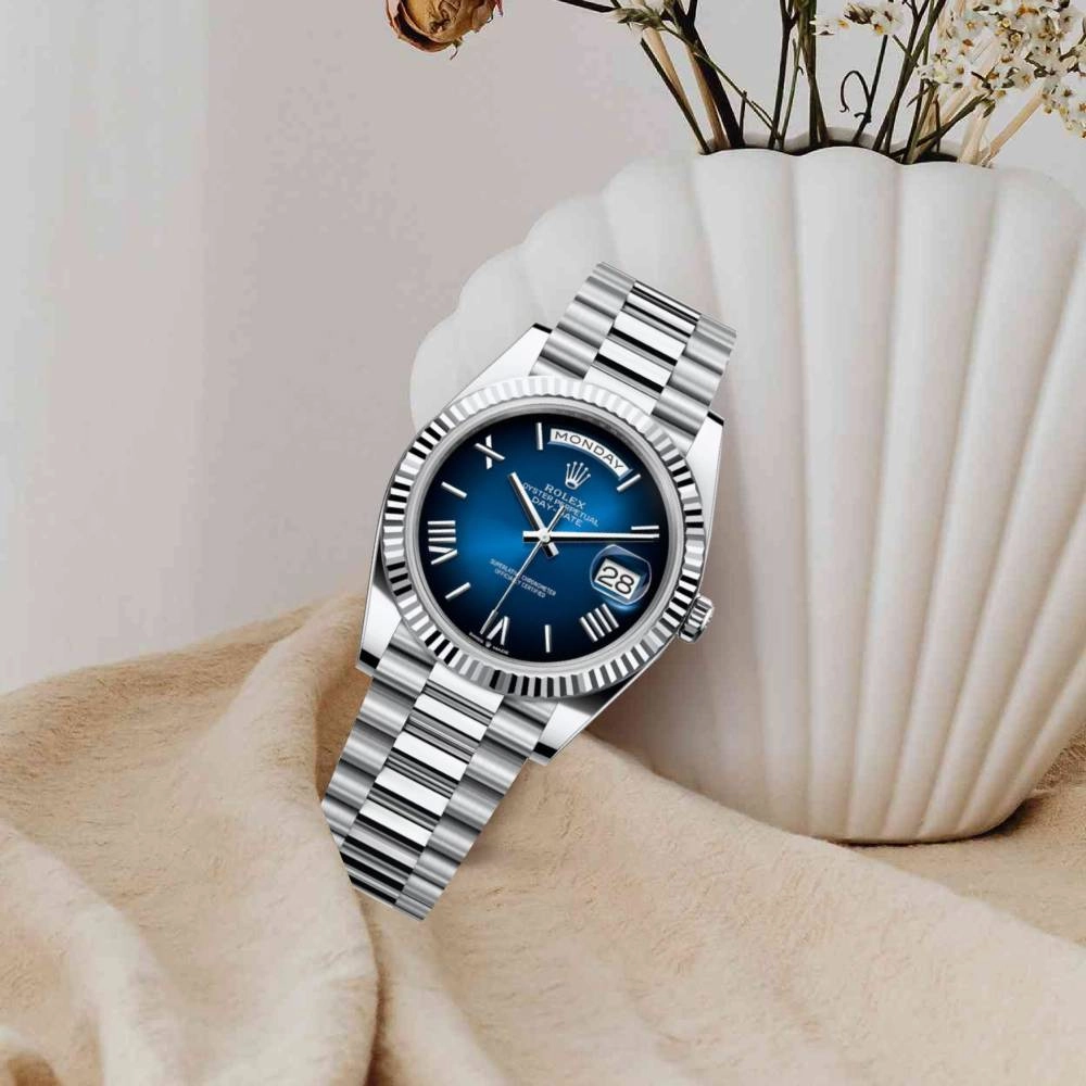 2024 Release Rolex Day-Date 40 mm | 18k white gold President bracelet | Blue ombr dial Fluted bezel | Men's Watch 228239