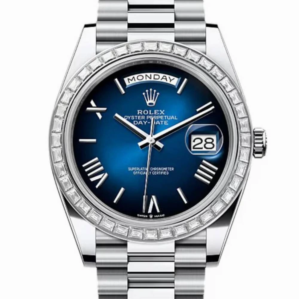 2024 Release Rolex Day-Date 40 mm | Platinum President bracelet | Blue ombr dial Diamond bezel | Men's Watch 228396TBR