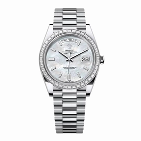 2024 Release Rolex Day Date 40mm - Ref: 228396TBR-0043 - White Mother of Pearl Dial & Diamond Bezel, Platinum President Bracelet Men's Watch
