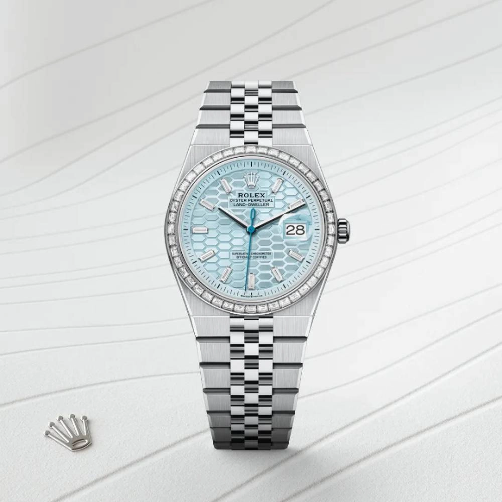 2025 Model Rolex Land-Dweller 36mm - Ref: 127286tbr-0001 - Ice blue Motif Dial, Platinum Flat Jubilee Bracelet Watch