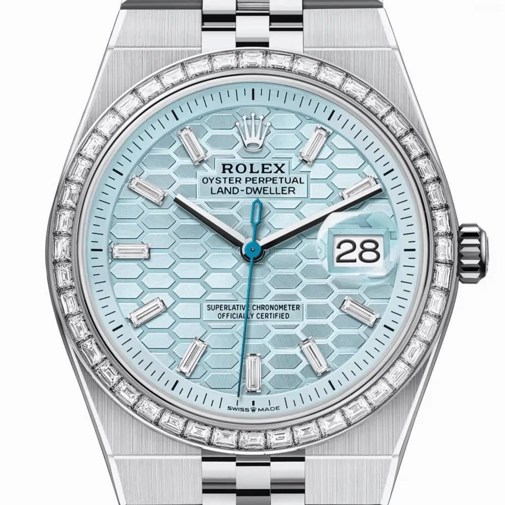 2025 Model Rolex Land-Dweller 36mm - Ref: 127286tbr-0001 - Ice blue Motif Dial, Platinum Flat Jubilee Bracelet Watch
