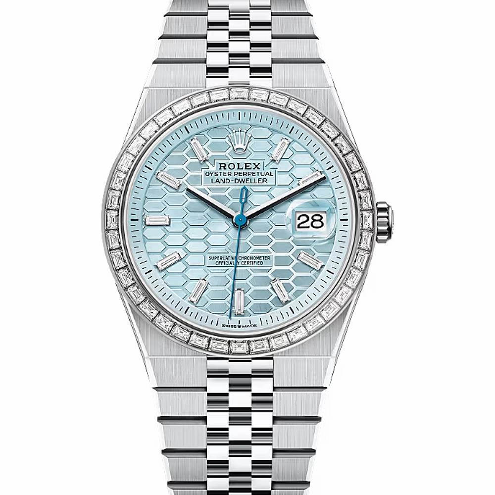 2025 Model Rolex Land-Dweller 40 mm - Ref: 127386tbr-0001 - Ice blue Motif Dial, Platinum Flat Jubilee Bracelet Watch