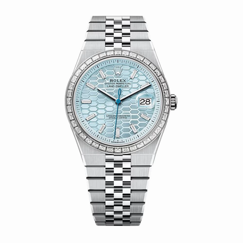 2025 Model Rolex Land-Dweller 40 mm - Ref: 127386tbr-0001 - Ice blue Motif Dial, Platinum Flat Jubilee Bracelet Watch