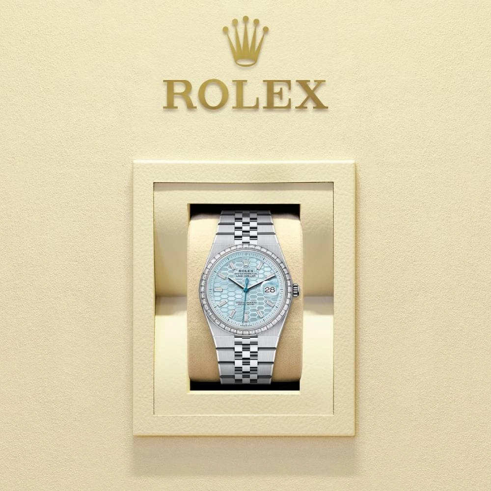 2025 Model Rolex Land-Dweller 40 mm - Ref: 127386tbr-0001 - Ice blue Motif Dial, Platinum Flat Jubilee Bracelet Watch