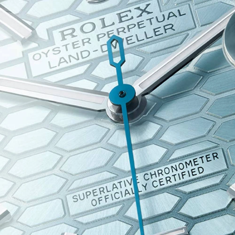 2025 Model Rolex Land-Dweller 40 mm - Ref: 127386tbr-0001 - Ice blue Motif Dial, Platinum Flat Jubilee Bracelet Watch