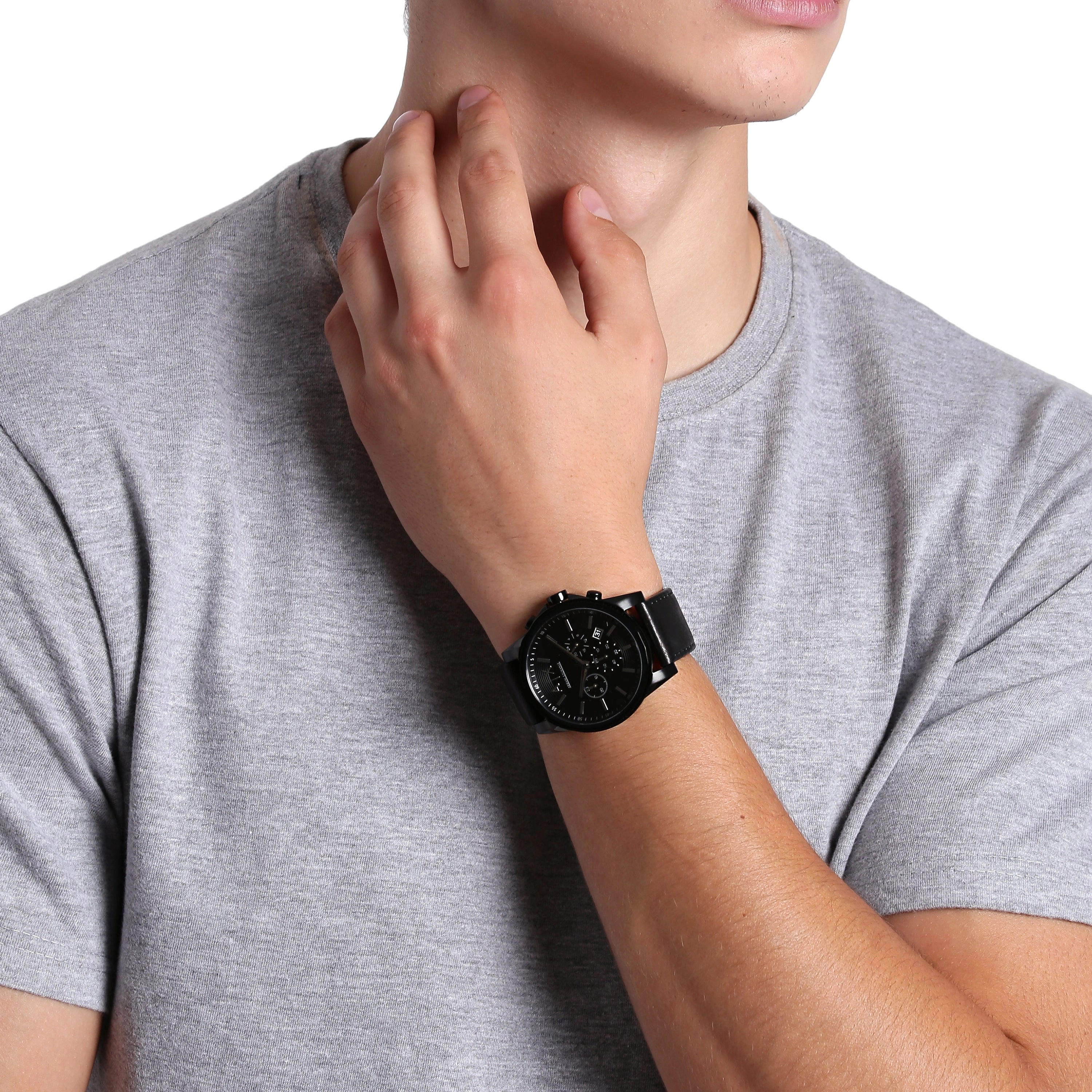 Armani Exchange Men's Black Chronograph Watch with Leather Band AX2098
