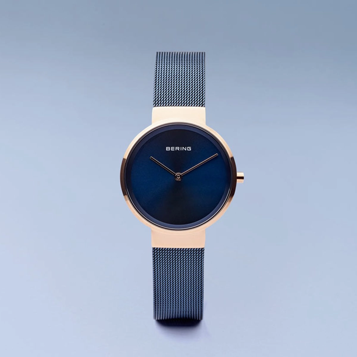 Bering Classic Polished Rose Gold Blue Mesh Watch