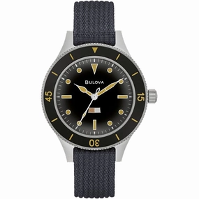 Bulova Men's Watch - Mil Ships Automatic Silver Tone Case Black Fabric Strap | 98A266