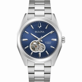 Bulova Men's Watch - Surveyor Automatic Open Heart Blue Dial Silver Bracelet | 96A275