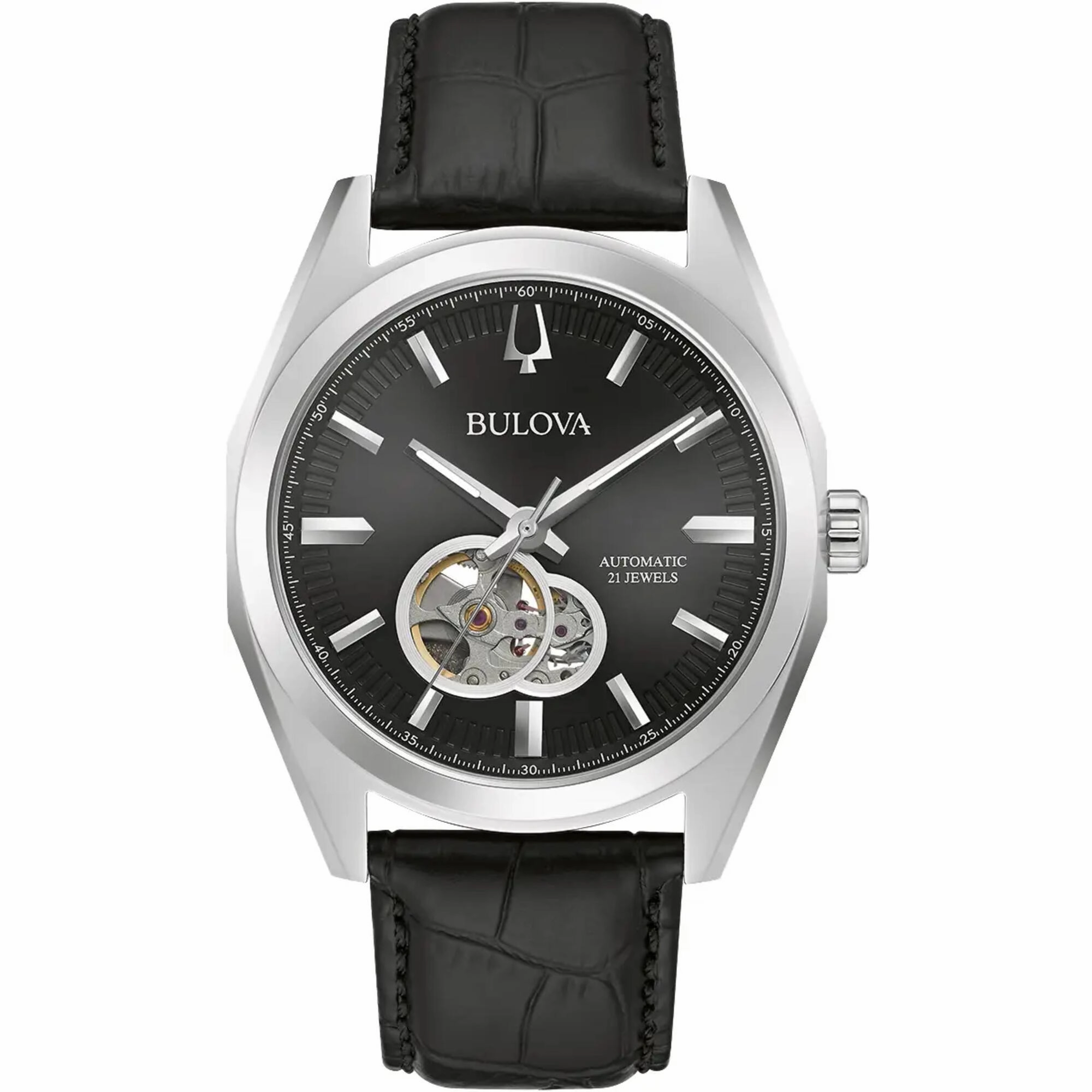 Bulova Men's Watch - Surveyor Open Heart Black and Silver Tone Dial Strap | 96A273