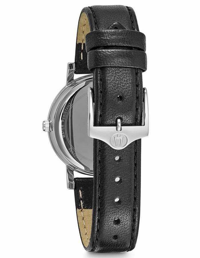 Bulova Womens Crystal Watch - Swarovski - Black Dial - Black Leather Strap