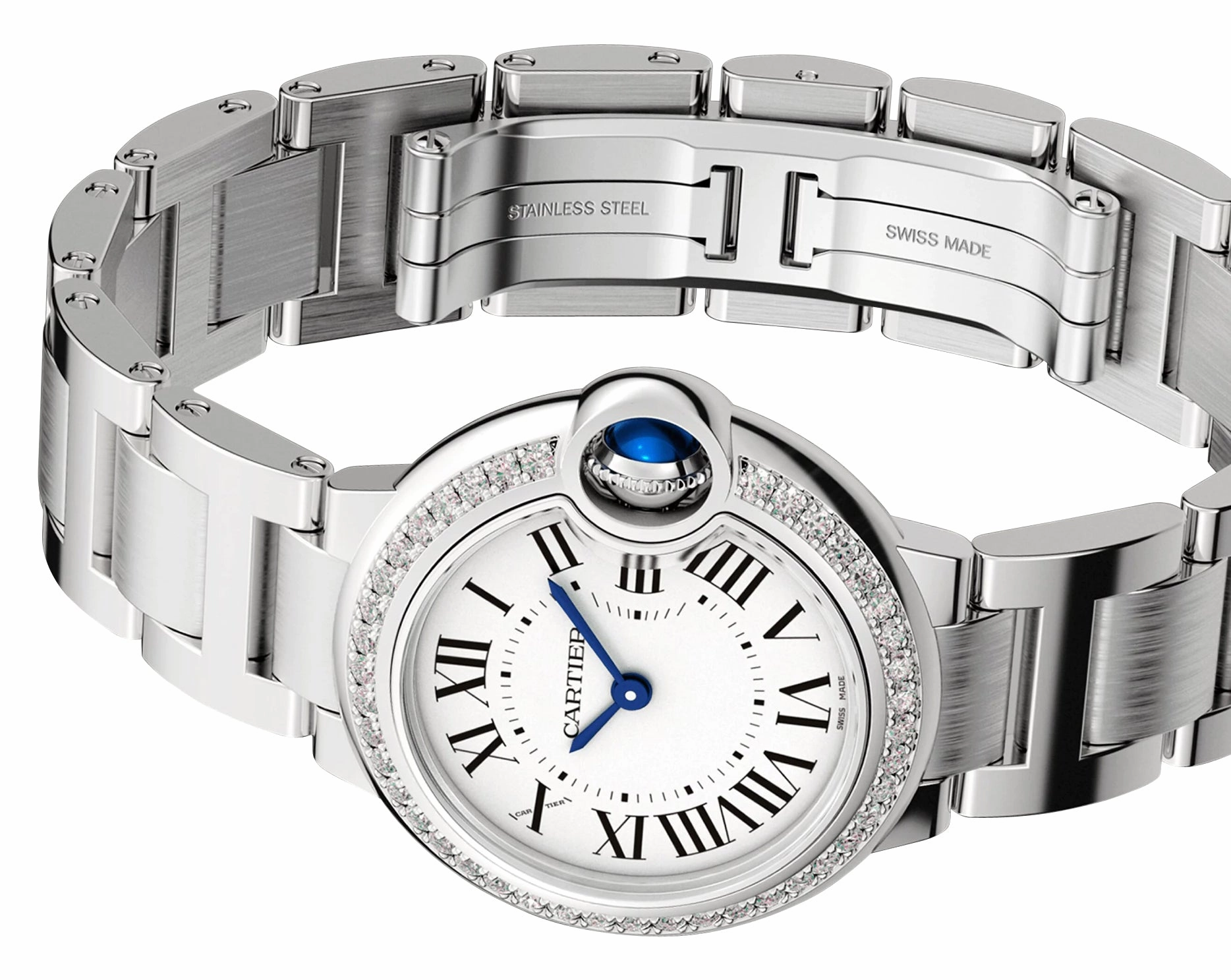 Cartier Ballon Bleu Stainless Steel Opaline Dial Diamonds Quartz Womens Watch W4BB0015