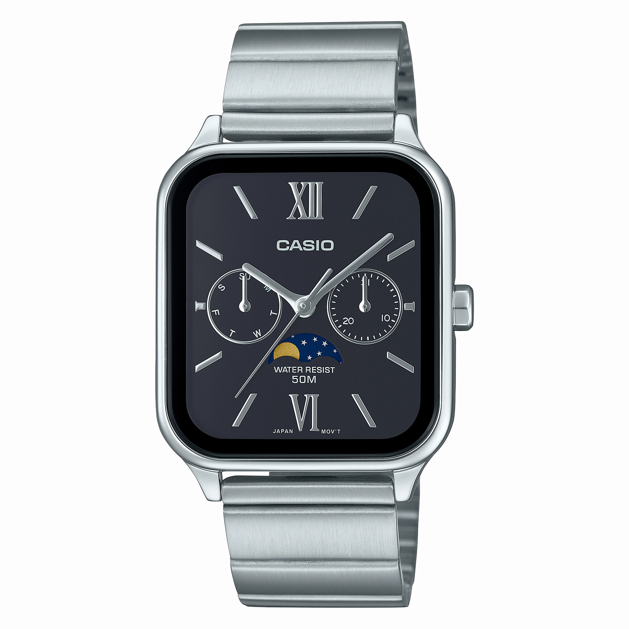 Casio Analogue Moon Phase Black Dial Stainless Steel Watch MTPM305D-1A2