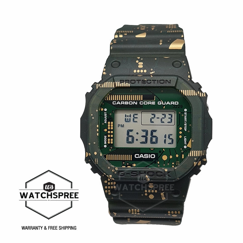 Casio G-Shock 5600 Carbon Core Guard Structure Lineup Circuit Board Print Matte Dark Green Resin Band Watch DWE5600CC-3D DWE-5600CC-3D DWE-5600CC-3