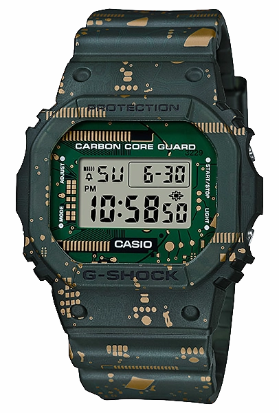 Casio G-Shock 5600 Carbon Core Guard Structure Lineup Circuit Board Print Matte Dark Green Resin Band Watch DWE5600CC-3D DWE-5600CC-3D DWE-5600CC-3