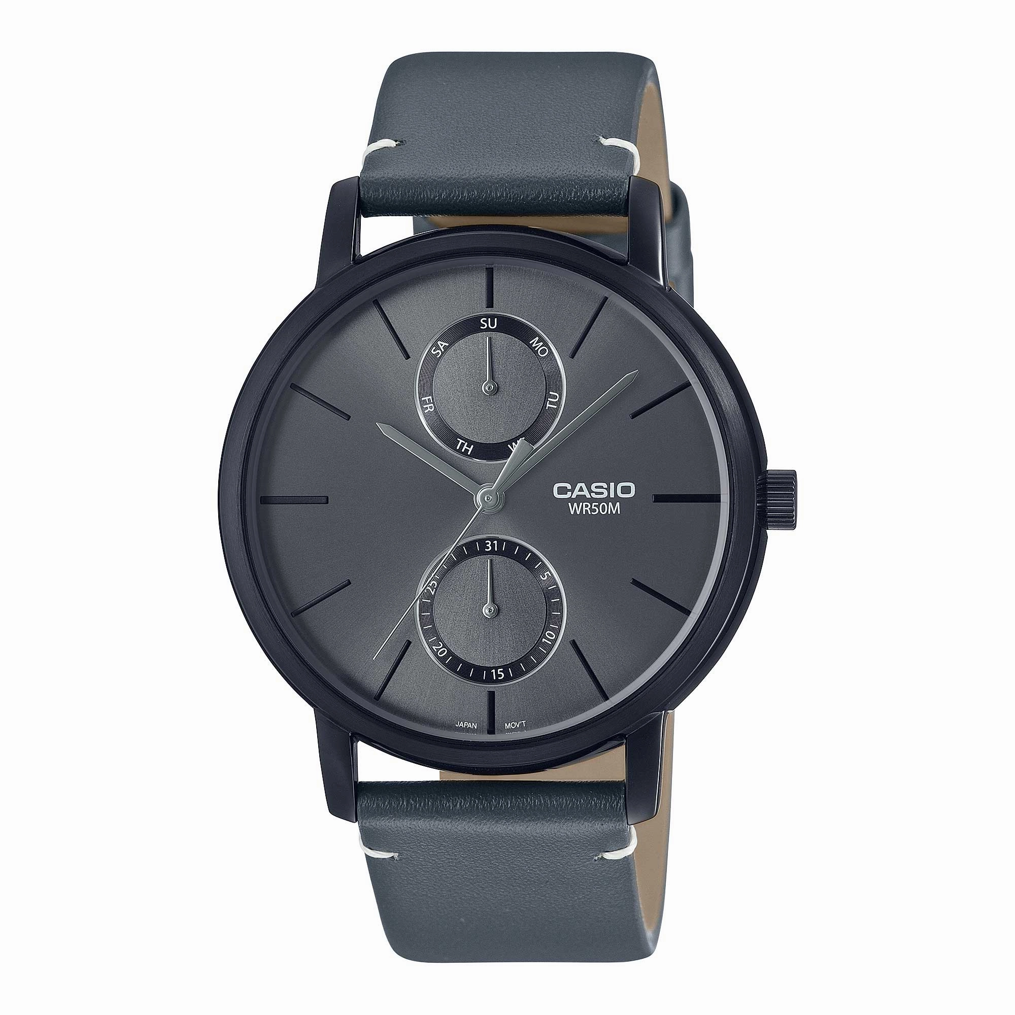 Casio Men's Analog Grey Leather Strap Watch MTPB310BL-1A MTP-B310BL-1A