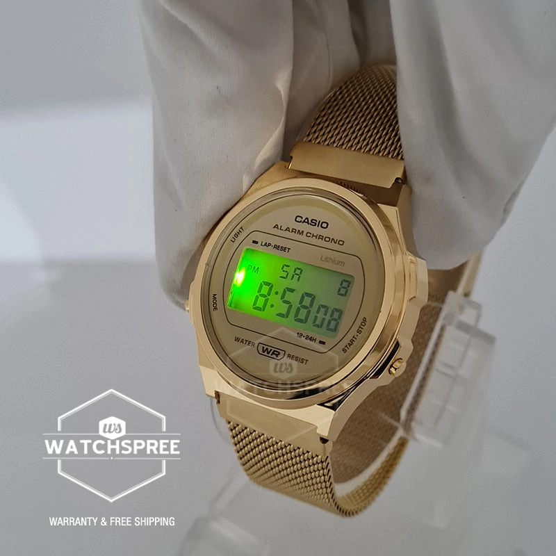 Casio Vintage Style Digital Gold Ion Plated Stainless Steel Mesh Band Watch A171WEMG-9A