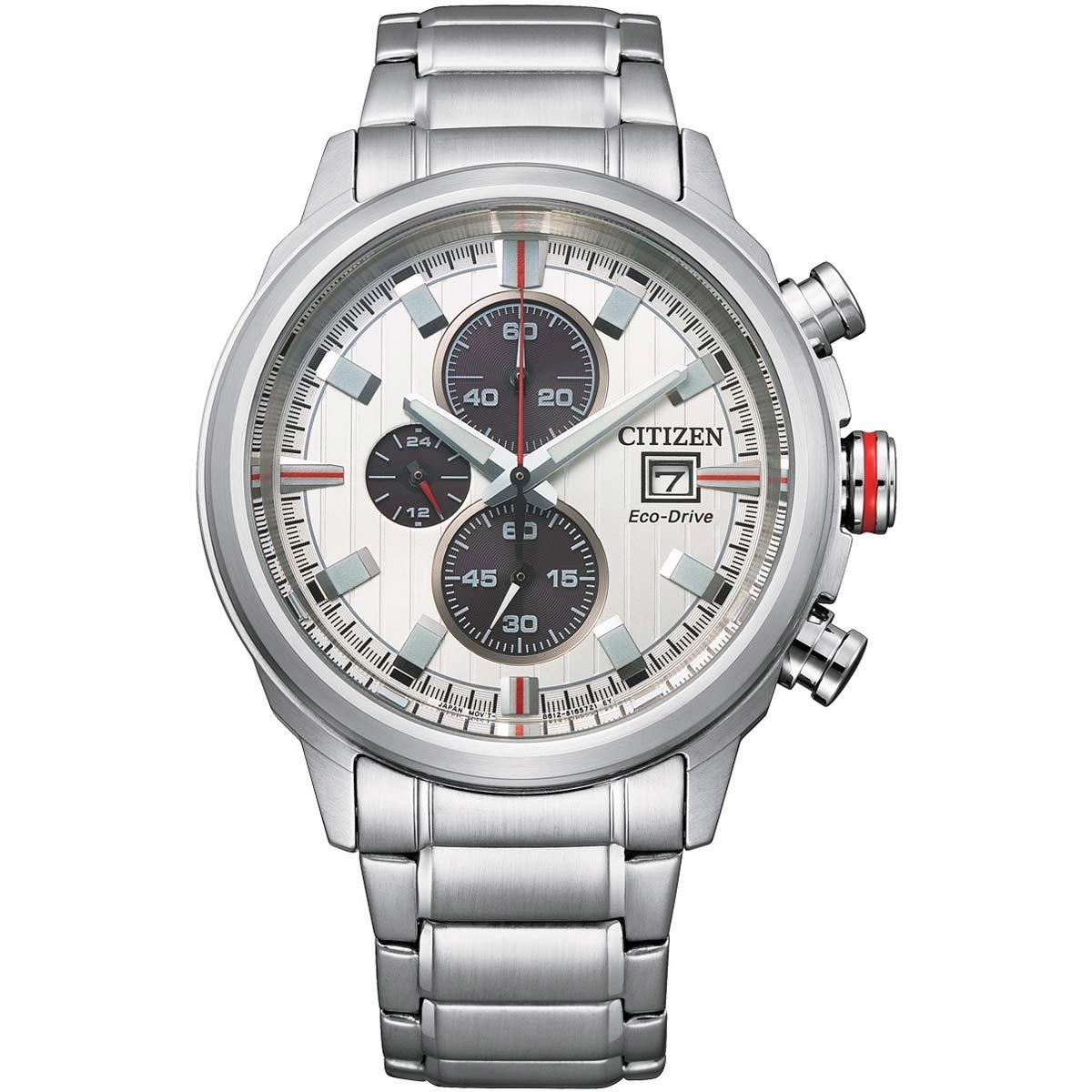 Citizen Men's Watch - Eco Drive Chrono White and Black Dial SS Bracelet | CA0738-83A
