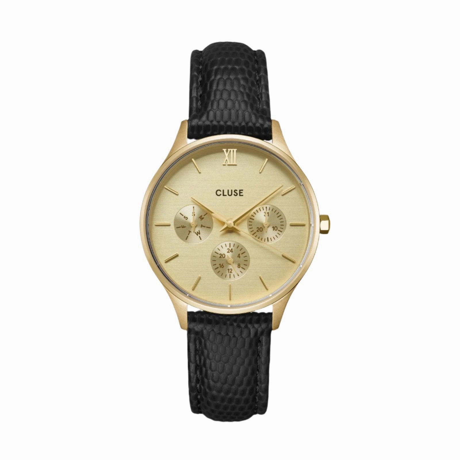 CLUSE Minuit Multifunction Black Lizard Gold Watch CW10705