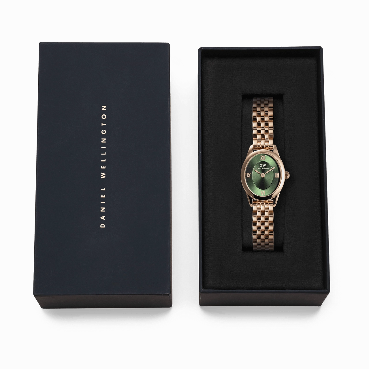 Daniel Wellington Ophelia Mini Beans Link Rose Gold Emerald Dial Watch DW00100806