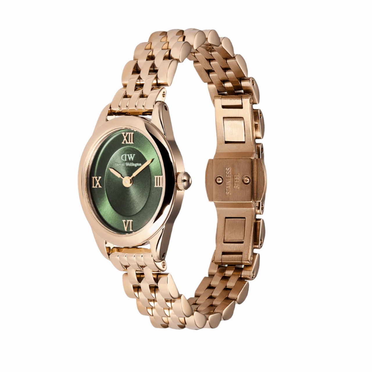 Daniel Wellington Ophelia Mini Beans Link Rose Gold Emerald Dial Watch DW00100806
