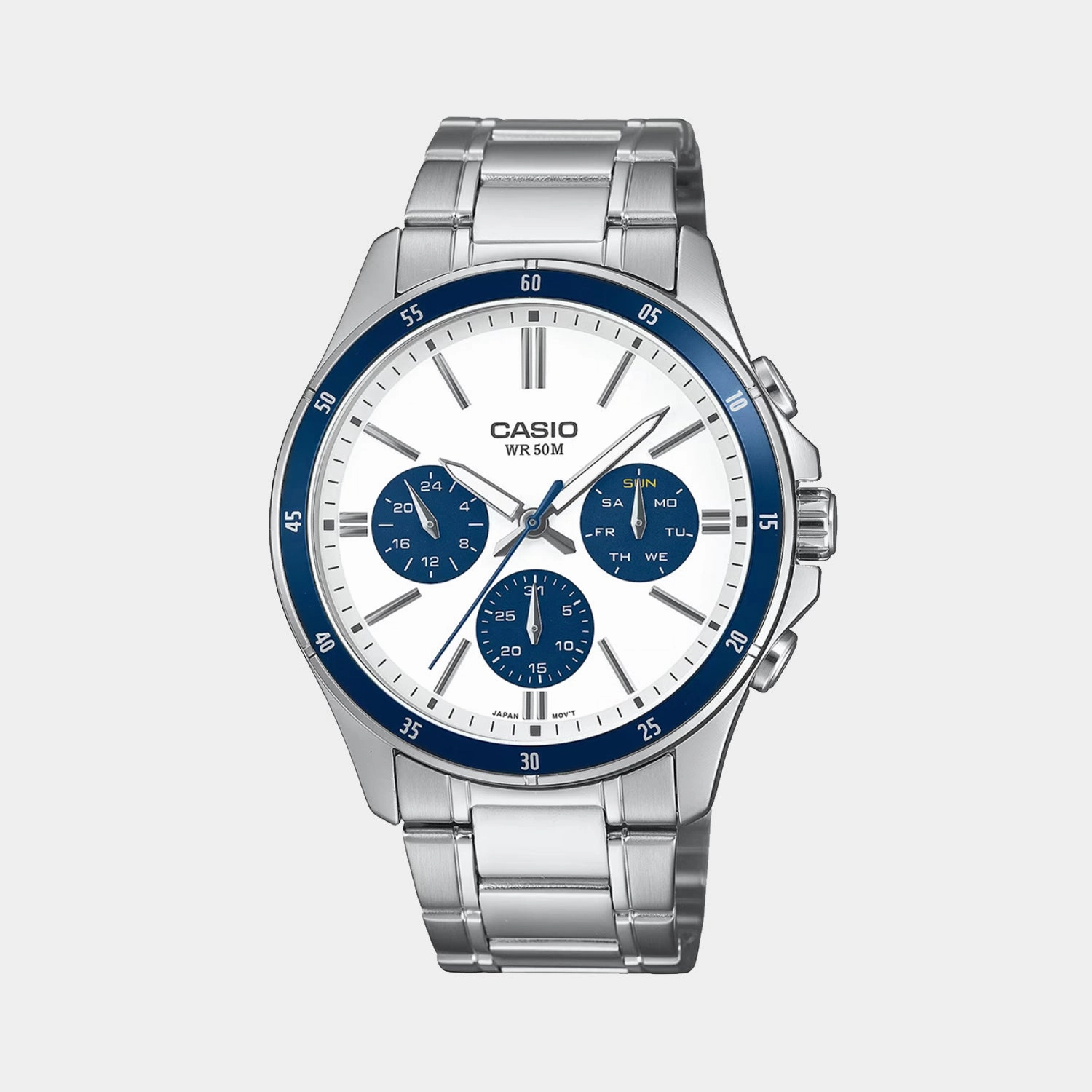 Enticer Men Quartz White and Blue Dial Multi-Function Stainless Steel Watch MTP-1374D-7A2VDF A2348