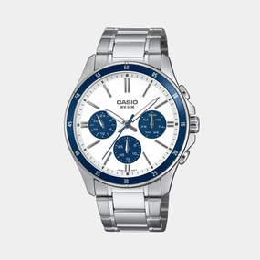 Enticer Men Quartz White and Blue Dial Multi-Function Stainless Steel Watch MTP-1374D-7A2VDF A2348