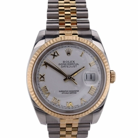 Estate Rolex Stainless Steel and 18 Karat Yellow Gold Gents OPDJ White Roman Dial Fluted Bezel Jubilee Bracelet 116233 With Box and Card C.2006