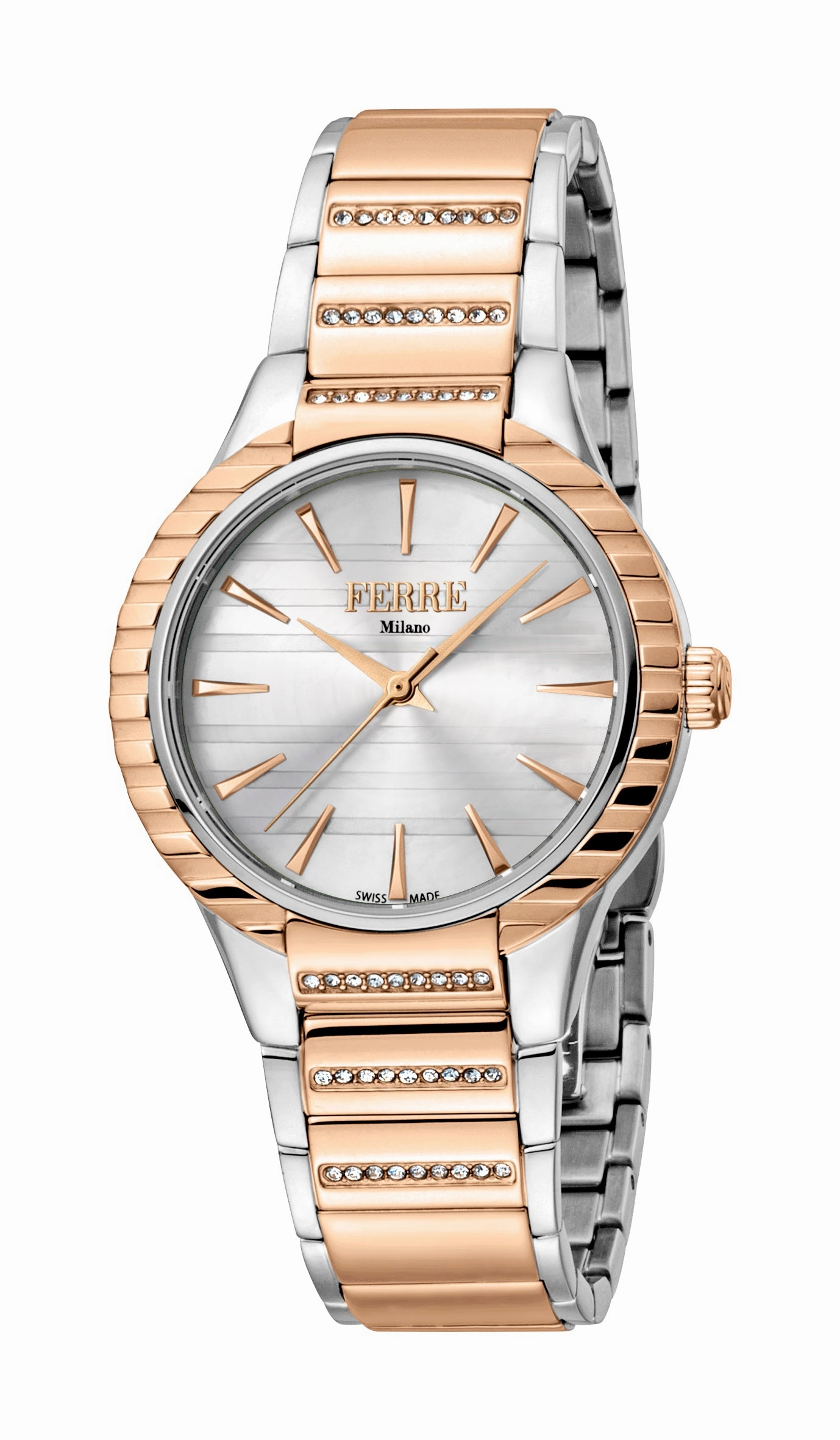 Ferre Milano Ladies Silver Dial SS MB.middle links in RG. Watch