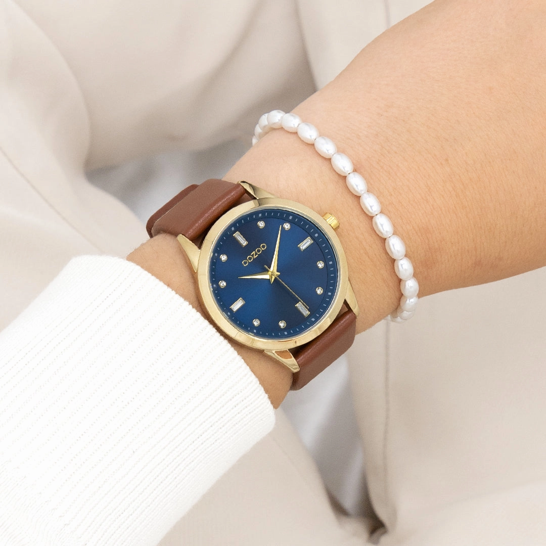 Gold coloured OOZOO watch with brown leather strap - C11438