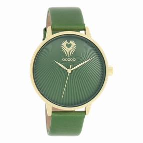 Gold coloured OOZOO watch with green leather strap - C11344