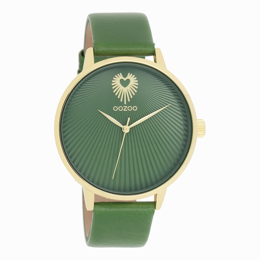 Gold coloured OOZOO watch with green leather strap - C11344