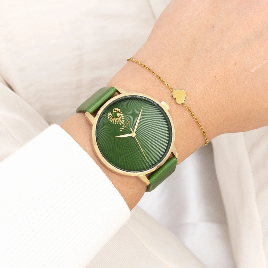 Gold coloured OOZOO watch with green leather strap - C11344