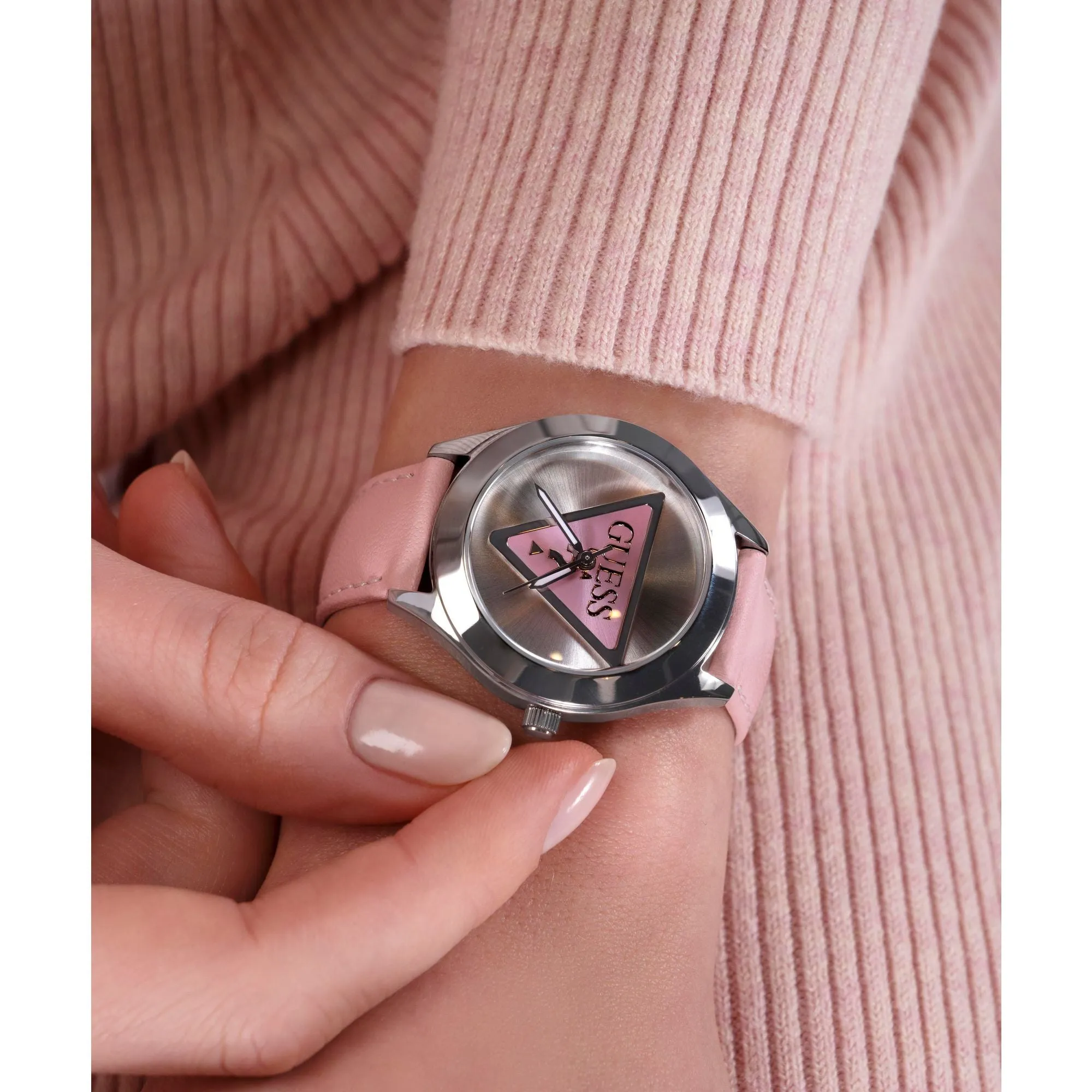 Guess Tri Plaque Silver Pink Leather Strap Watch GW0744L1