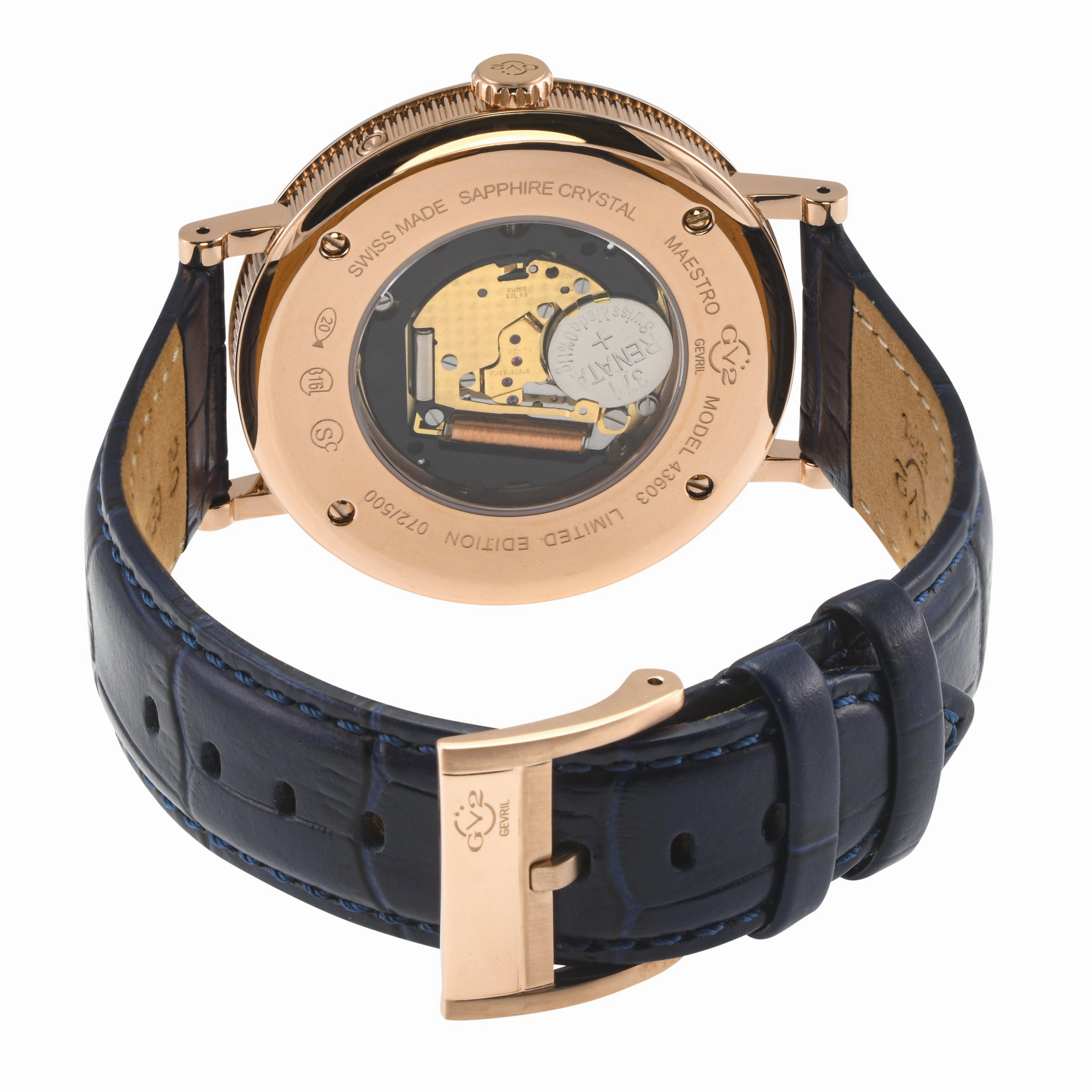 GV2 Men's Maestro IPRG Case, White  Textured Dial,  Blue Handmade Italian Leather Strap.
