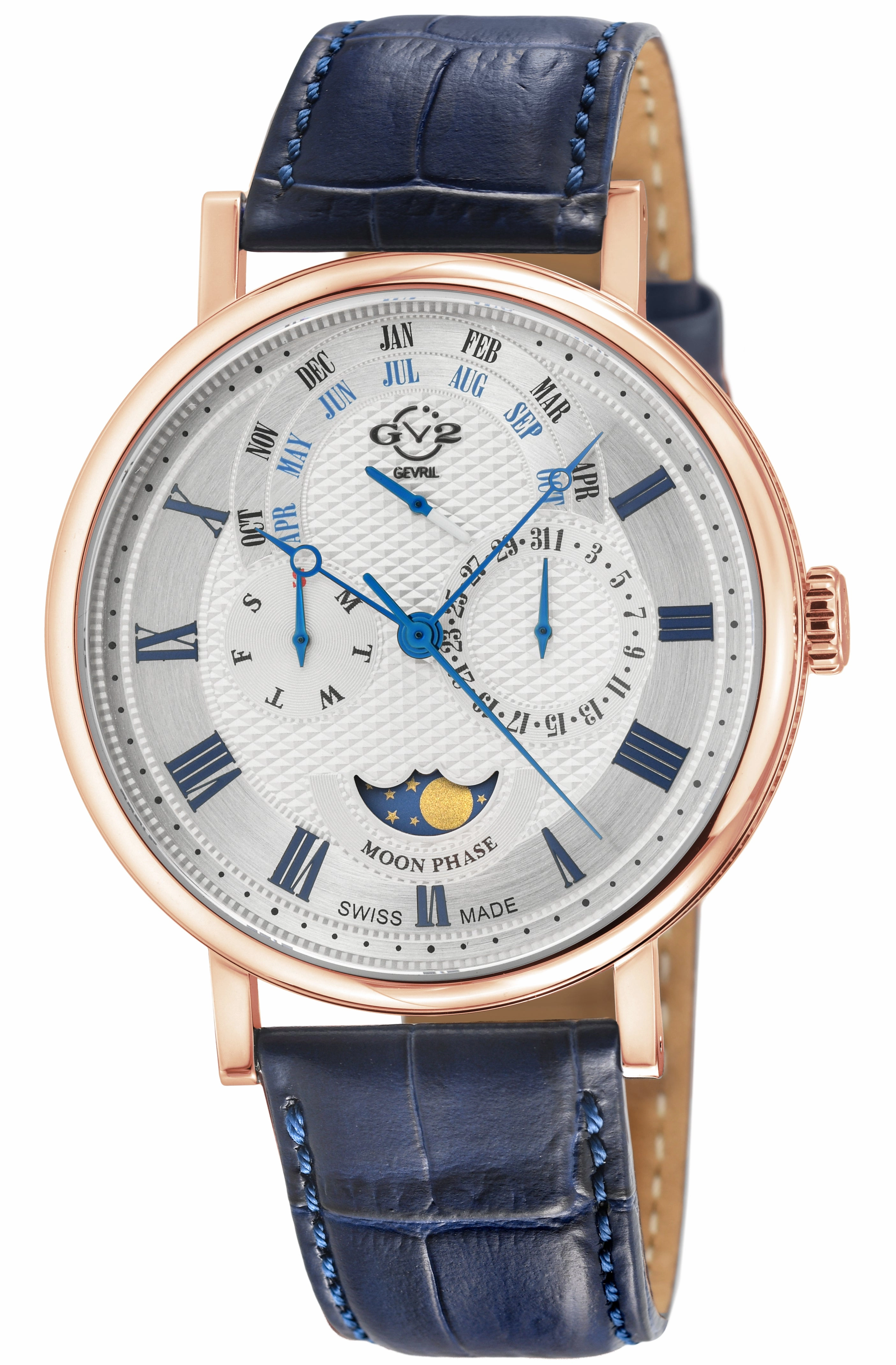 GV2 Men's Maestro IPRG Case, White  Textured Dial,  Blue Handmade Italian Leather Strap.