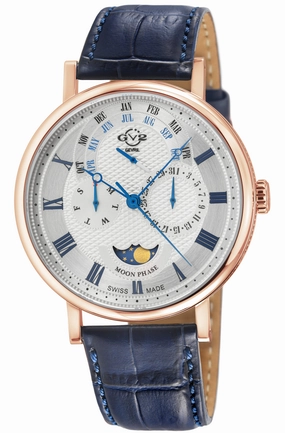 GV2 Men's Maestro IPRG Case, White  Textured Dial,  Blue Handmade Italian Leather Strap.