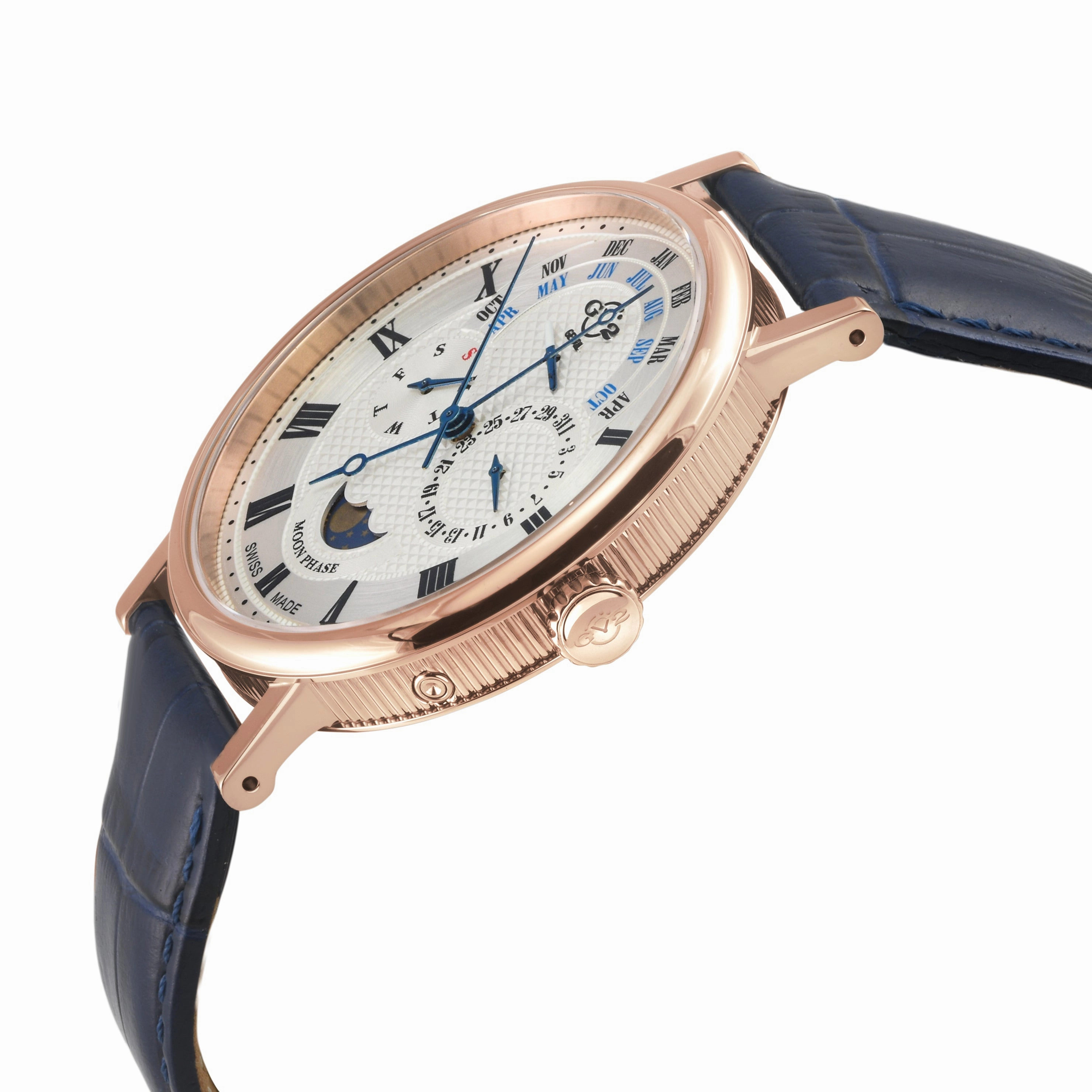 GV2 Men's Maestro IPRG Case, White  Textured Dial,  Blue Handmade Italian Leather Strap.